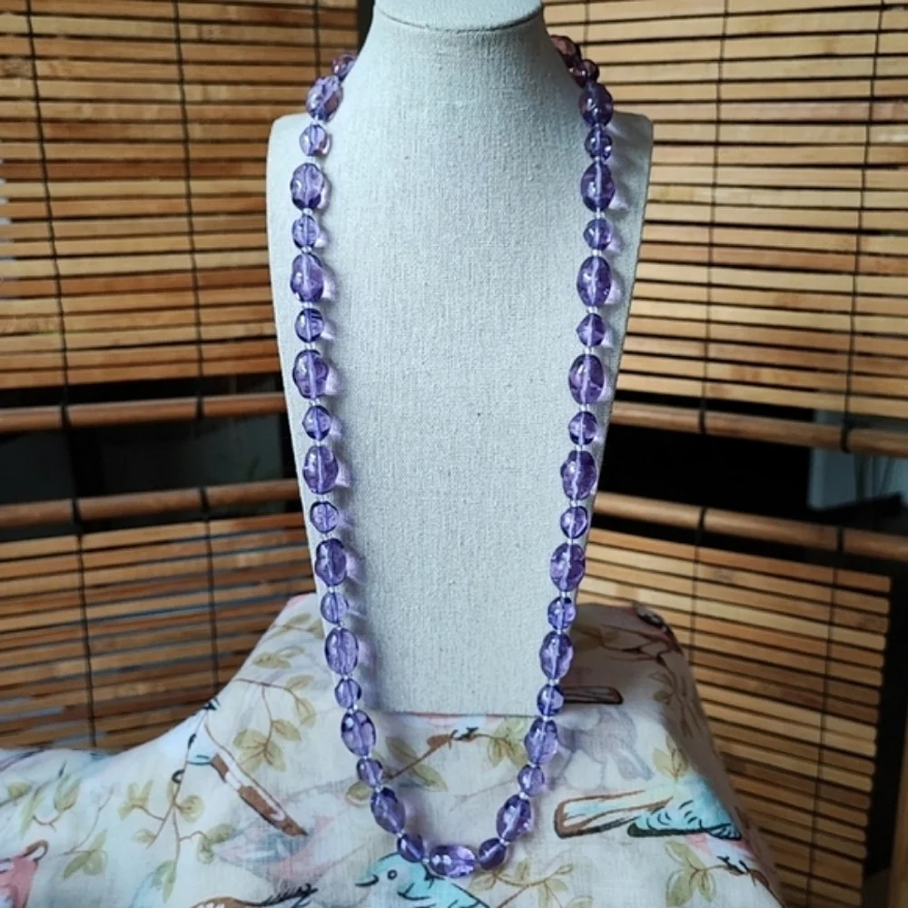 Grey Lavender Plastic Acrylic Lucite Faceted Bead Cut Beaded Vintage Necklace